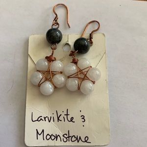 Handmade copper larvikite & moonstone dangle earrings